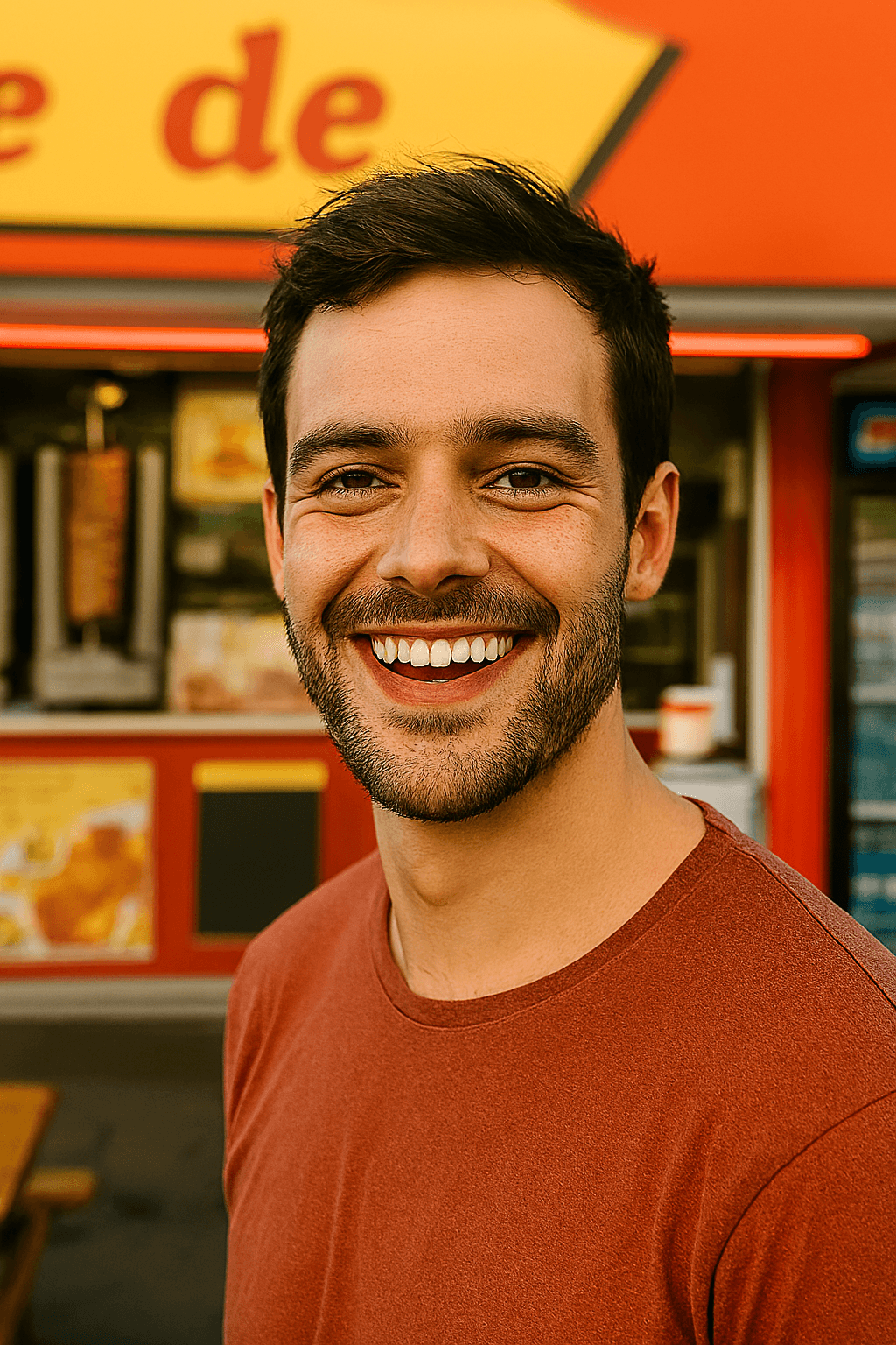 Profil fictif Remi (homme souriant devant un snack lumineux)