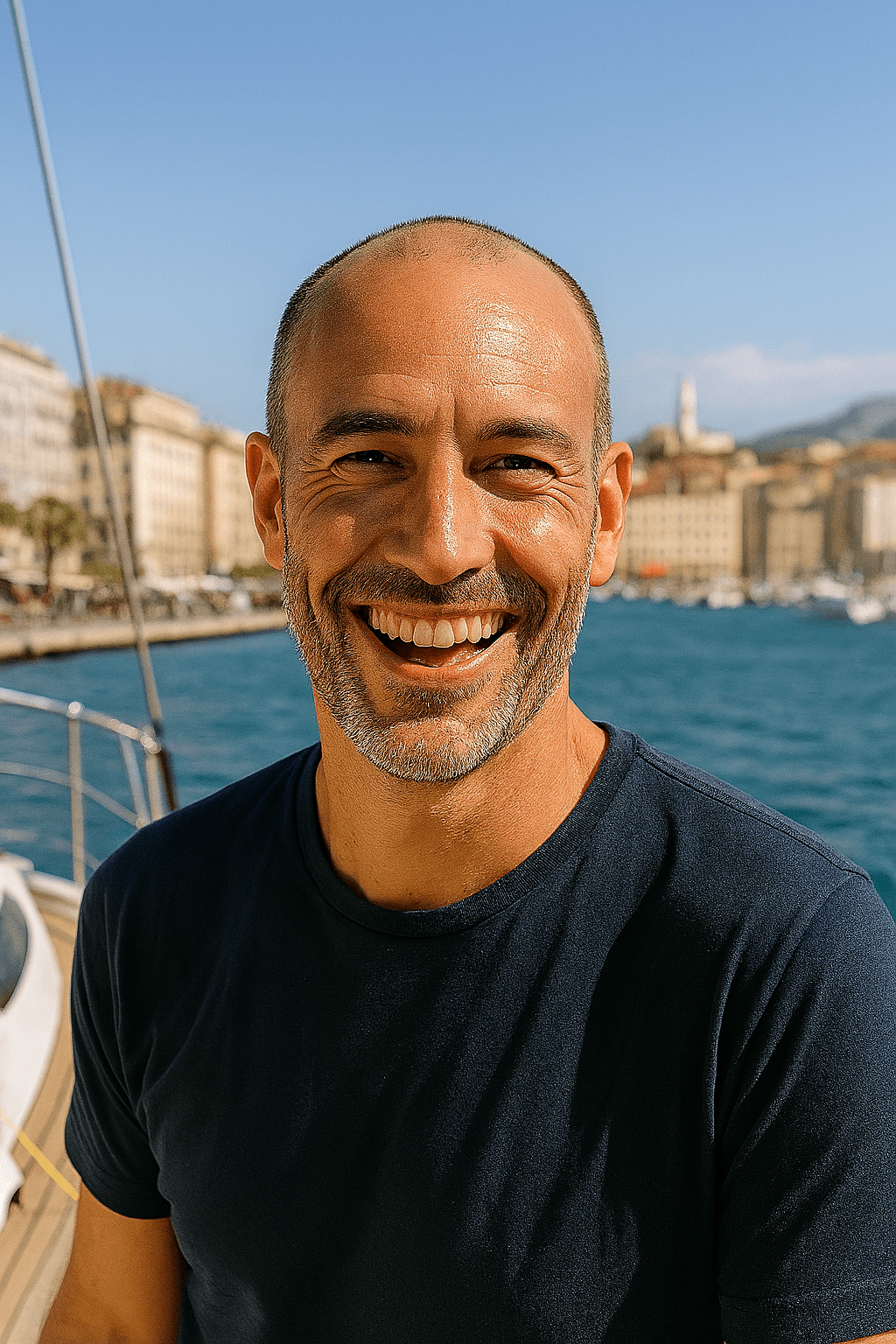 Profil fictif Zoizou (homme souriant sur un bateau avec la ville en arrière-plan)