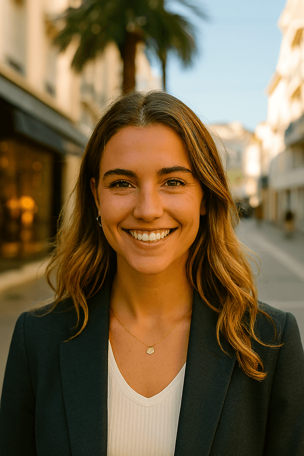 Profil fictif Emilie (jeune femme souriante dans une rue de ville méditerranéenne)