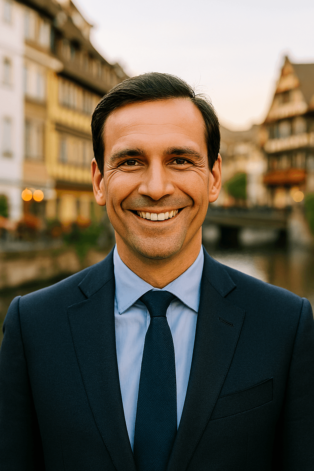 Profil fictif Luc (homme souriant dans une rue piétonne de centre-ville)