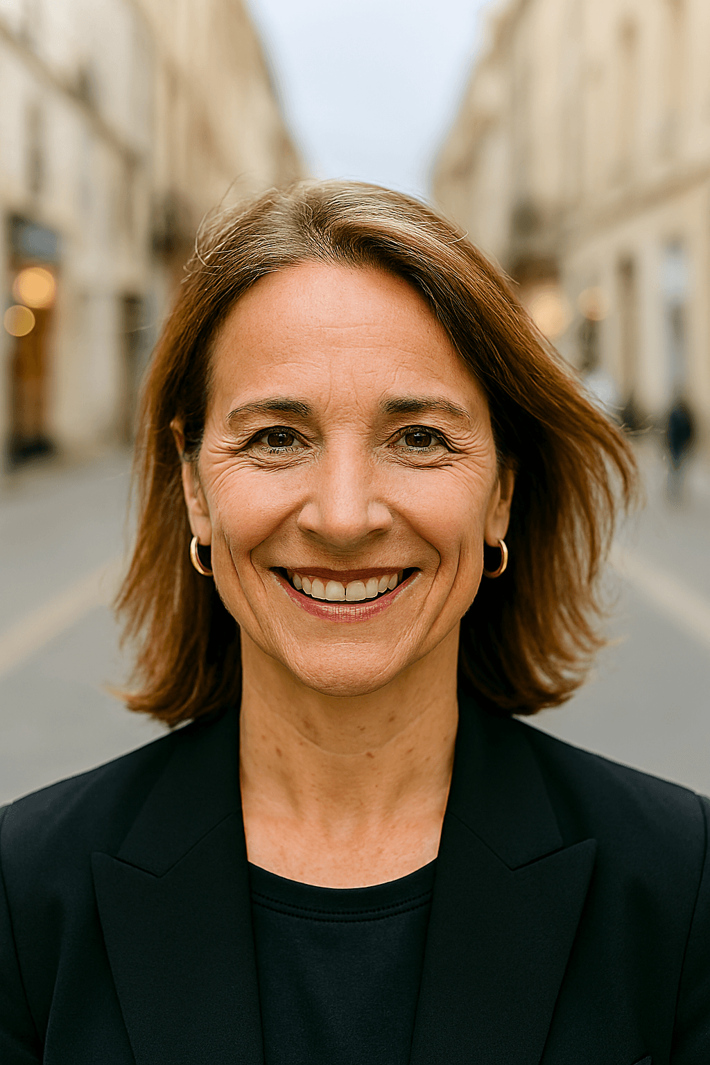 Profil fictif Monique (femme souriante en extérieur avec un petit chien)