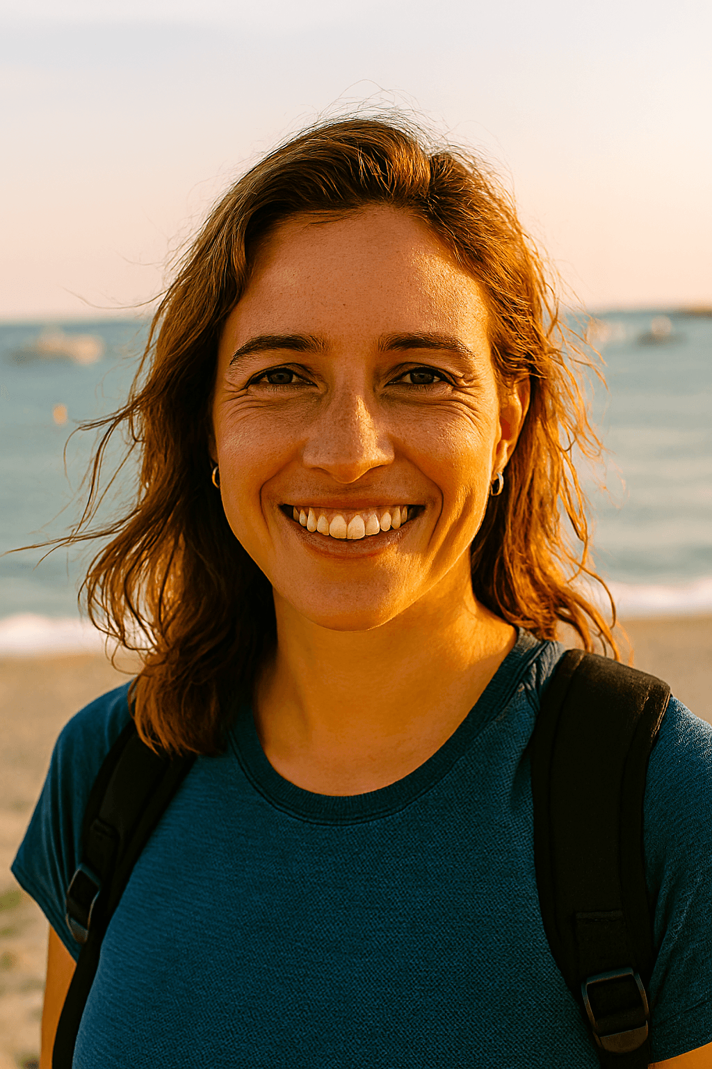 Profil fictif Zazou (homme souriant près d’un port ou d’un quai au coucher de soleil)