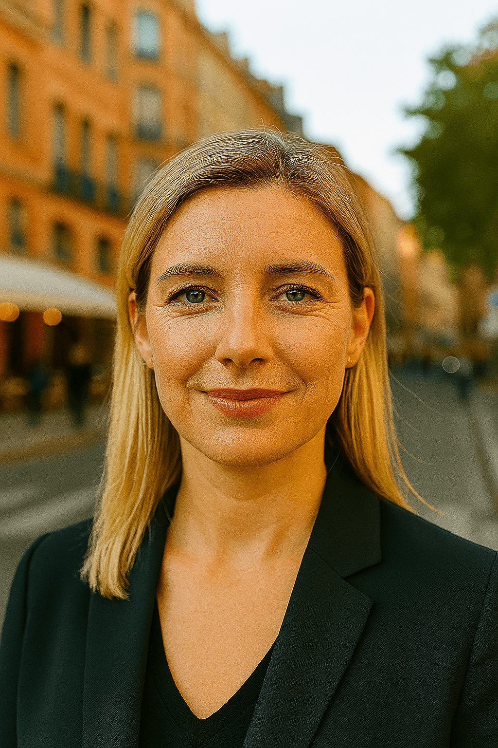 Profil fictif Claire (femme souriante dans une rue avec façades en briques)