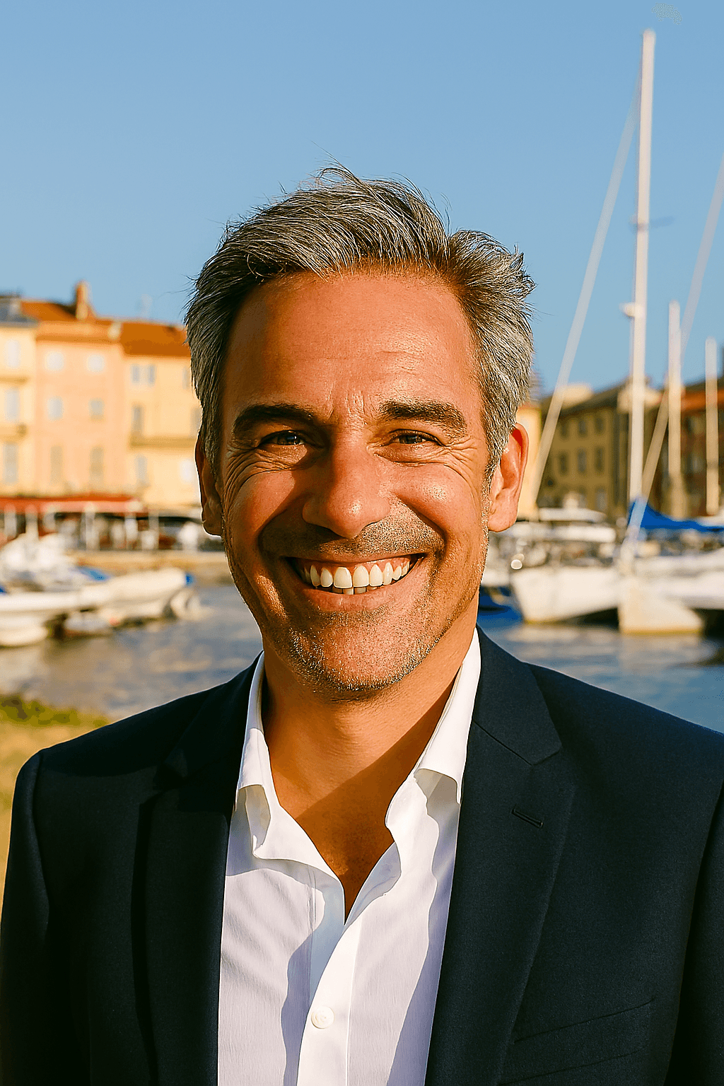 Profil fictif Eric (homme souriant près d’un port ou d’un plan d’eau)