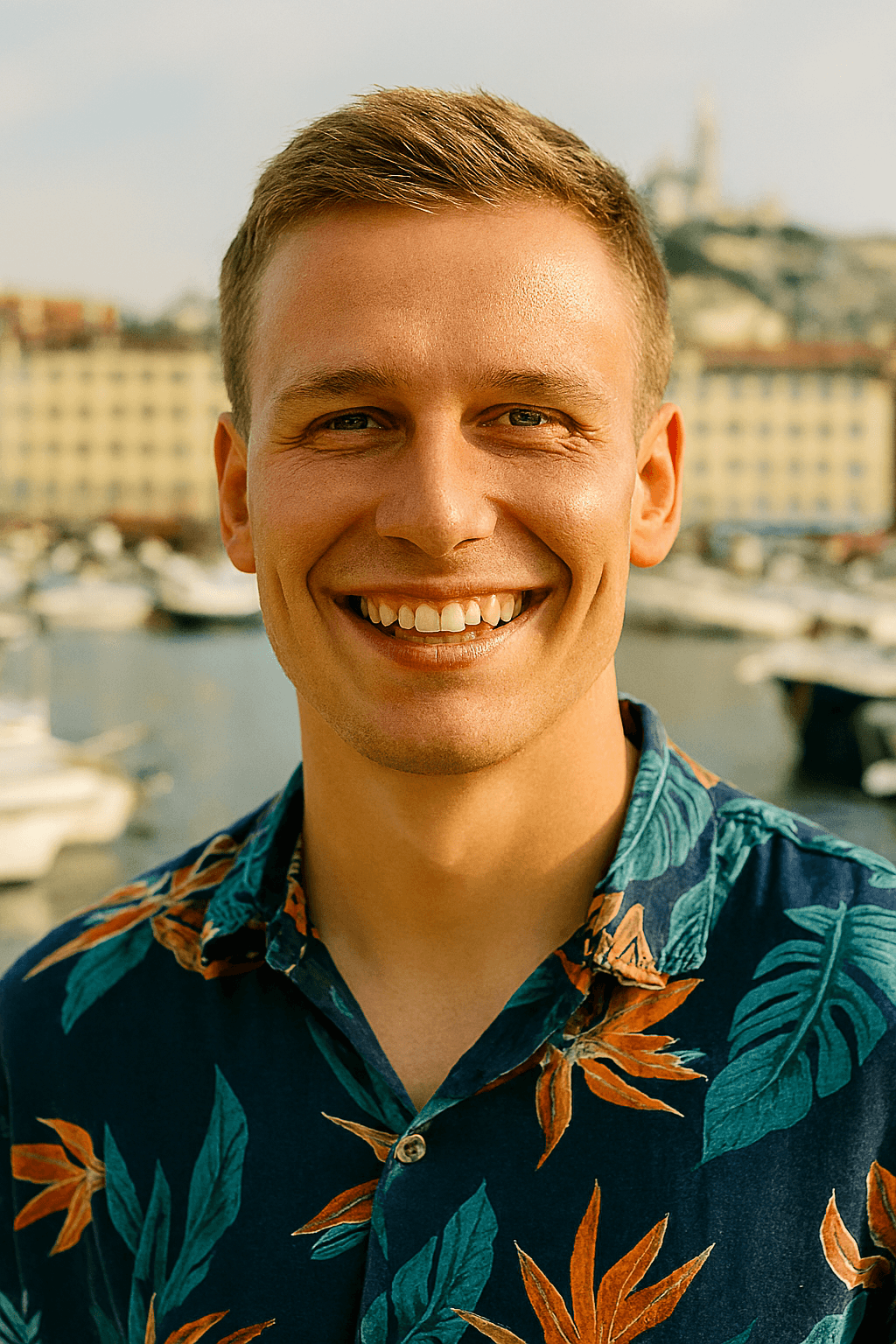 Profil fictif Fred (jeune homme souriant près d’un port ou d’un quai)