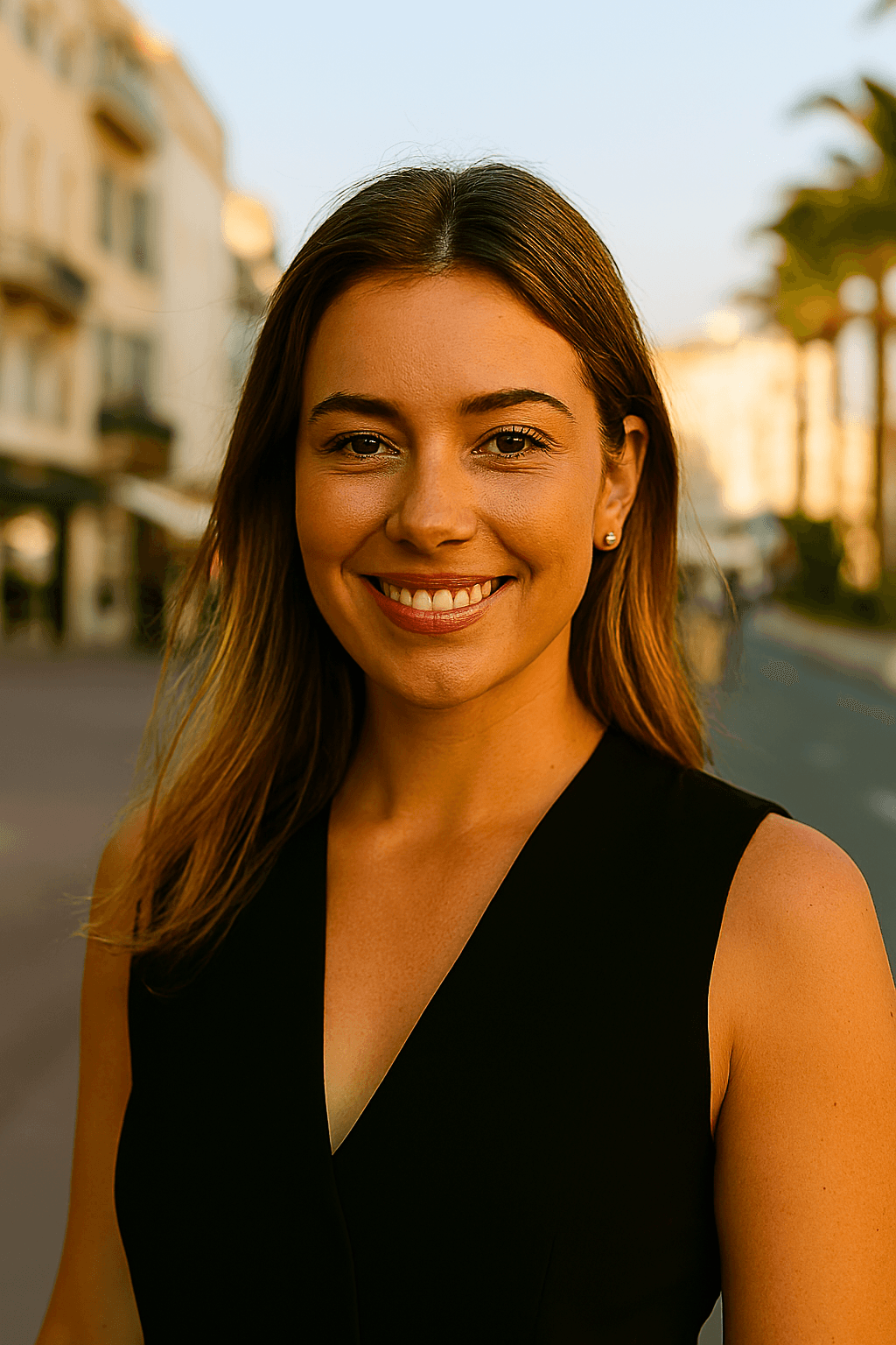 Profil fictif Nathalie (jeune femme souriante dans une avenue avec palmiers ou arbres)