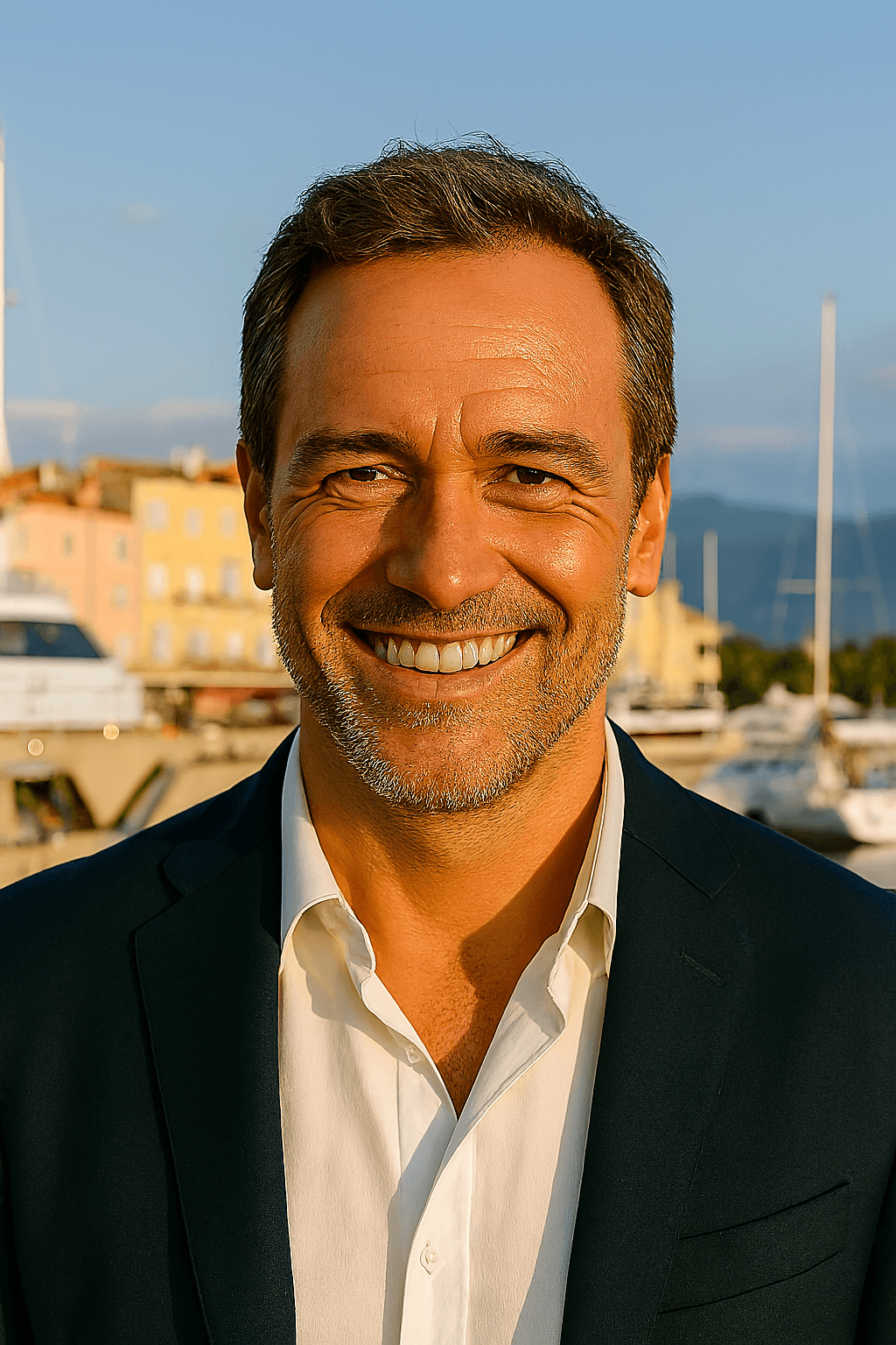 Profil fictif Didier (homme souriant en costume près d’un port de plaisance)