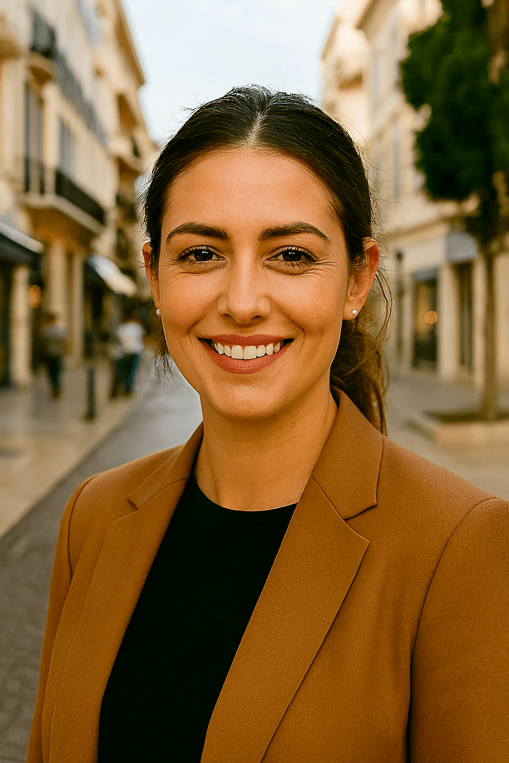 Profil fictif Nadou (jeune femme souriante dans une rue de ville méditerranéenne)