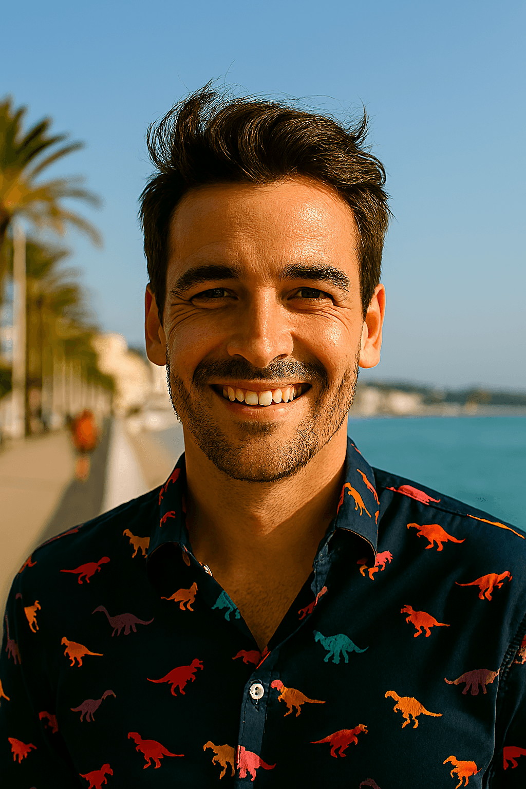 Profil fictif Nico (homme souriant au soleil sur une promenade en bord de mer)