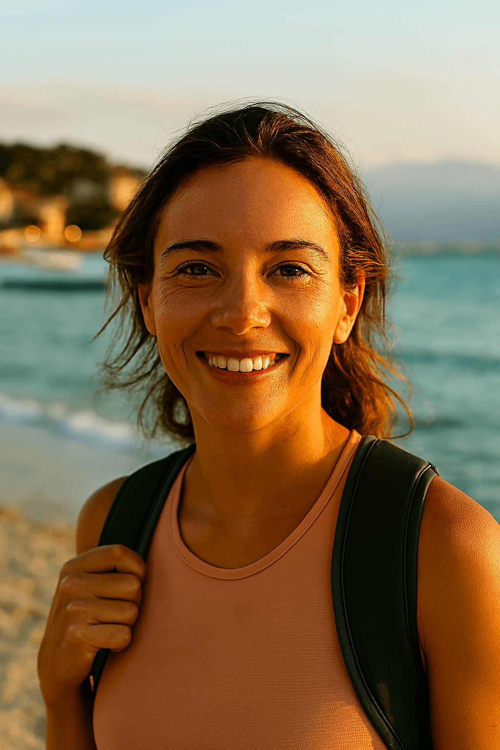 Profil fictif Valou (femme souriante sur une plage au coucher de soleil, sac sur l’épaule)