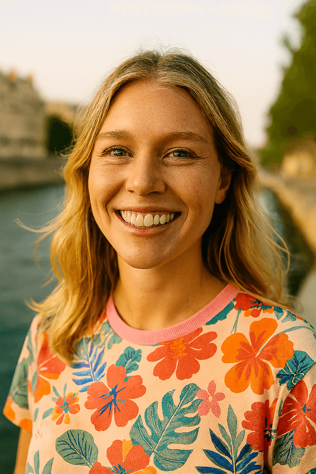 Profil fictif Lea (jeune femme souriante dans une rue parisienne avec immeubles en arrière-plan)