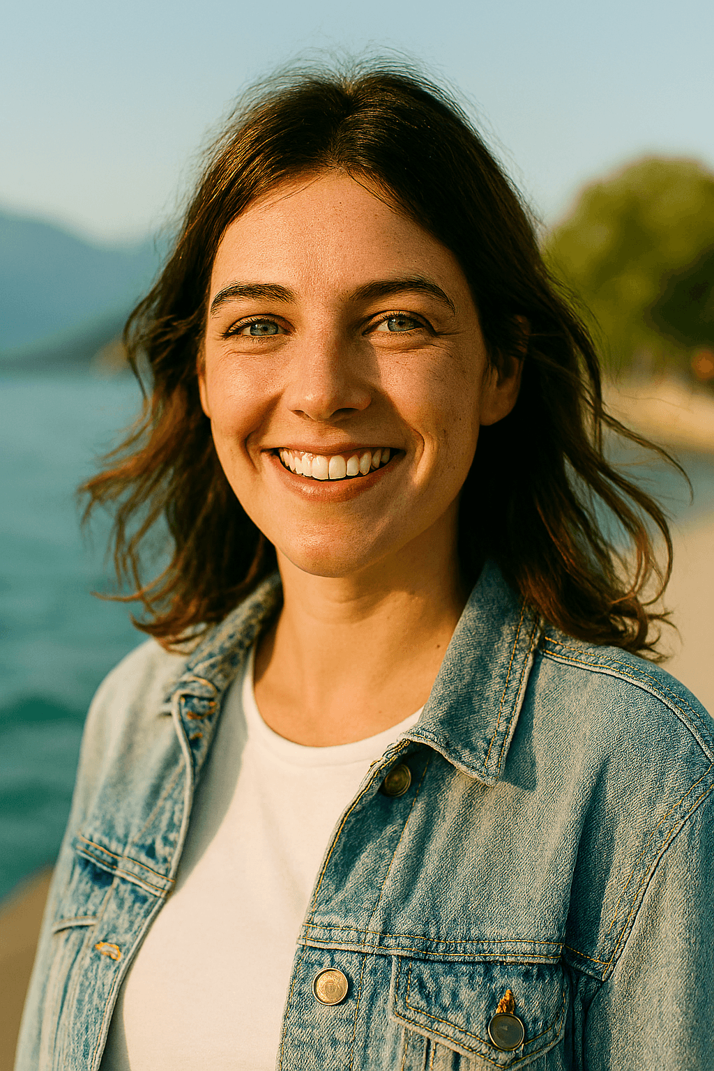 Profil fictif Elise (femme souriante assise en terrasse dans une grande ville)