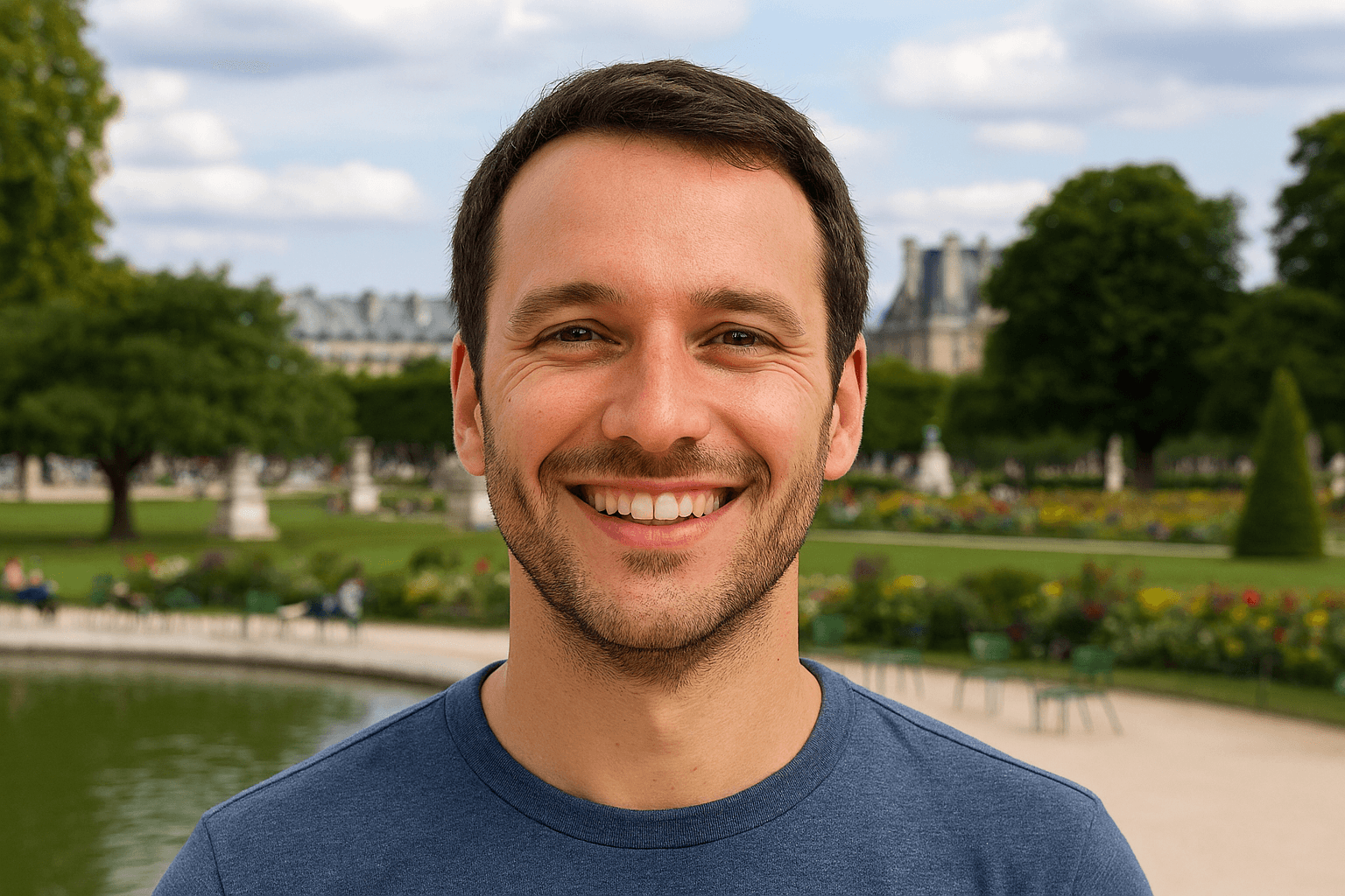Profil fictif Samir (homme souriant sur un pont avec la Seine en arrière-plan)