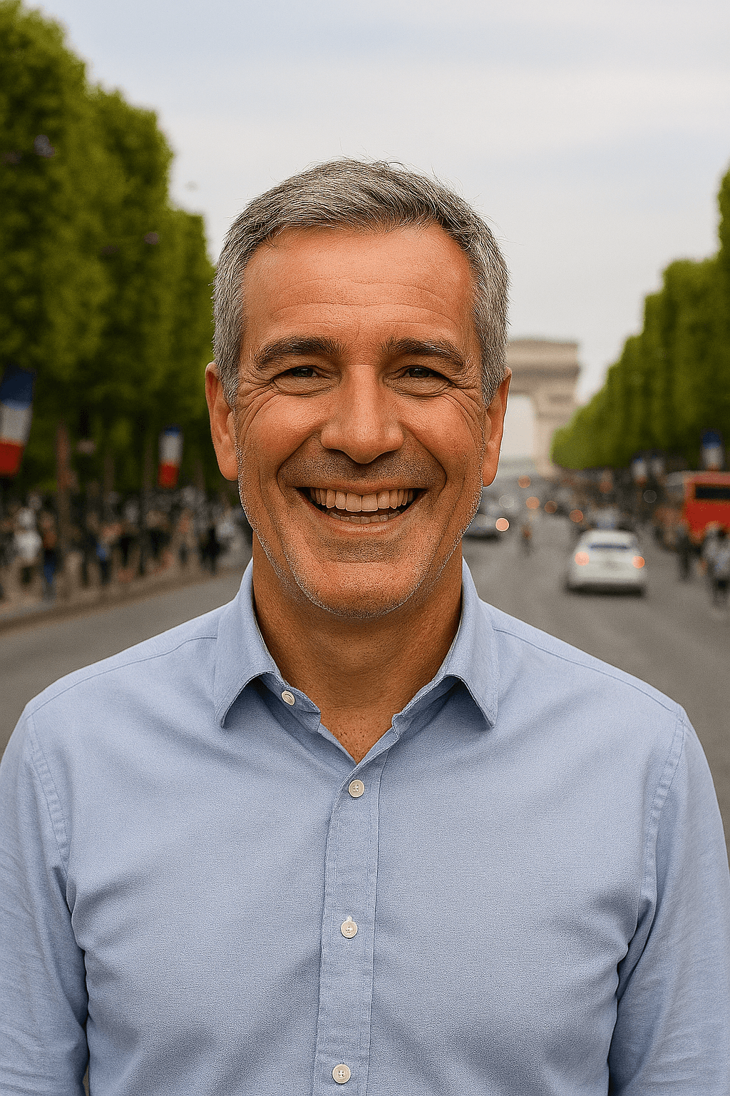 Profil fictif Thomas (homme souriant dans une rue avec immeubles haussmanniens)