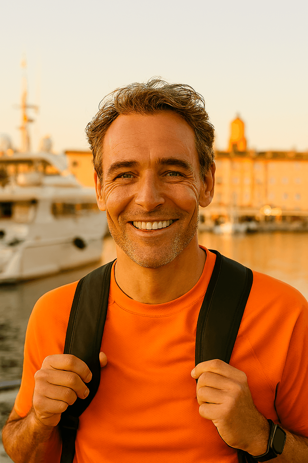 Profil fictif Gilles (homme souriant avec un sac à dos près d’un paysage nature)