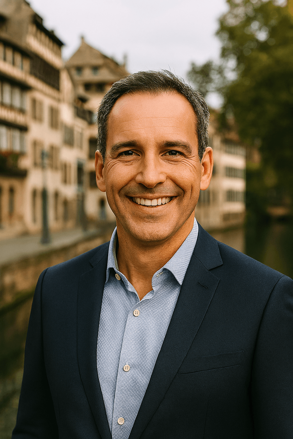 Profil fictif Franck (homme souriant dans une rue de ville européenne)