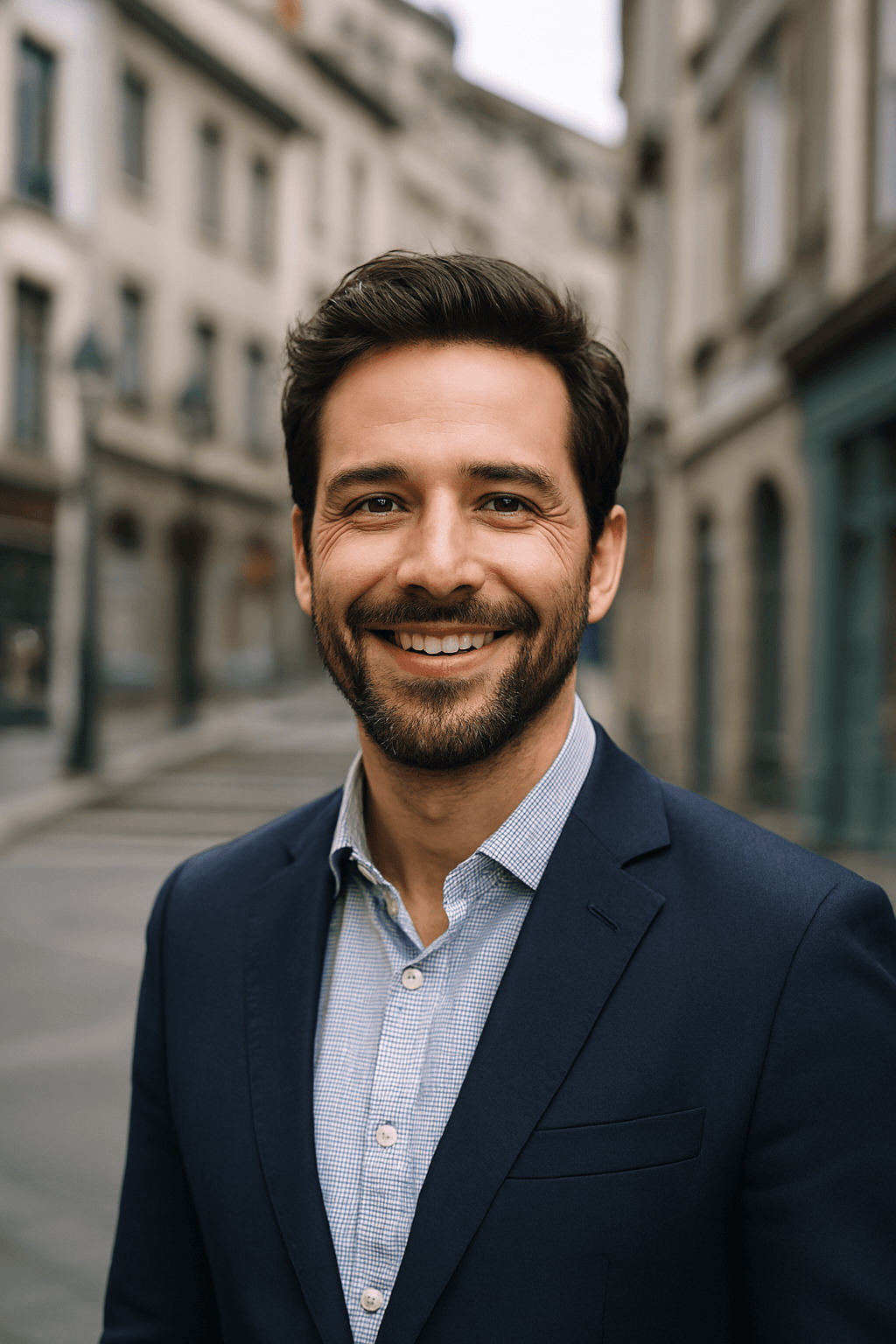 Profil fictif Simon (homme souriant en extérieur avec un sac à dos)