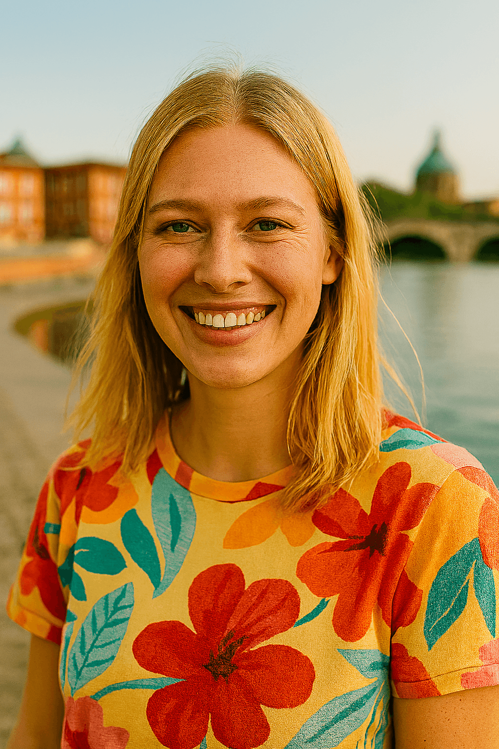 Profil fictif Milou_VilleRose (jeune femme souriante près d’un pont à Toulouse)