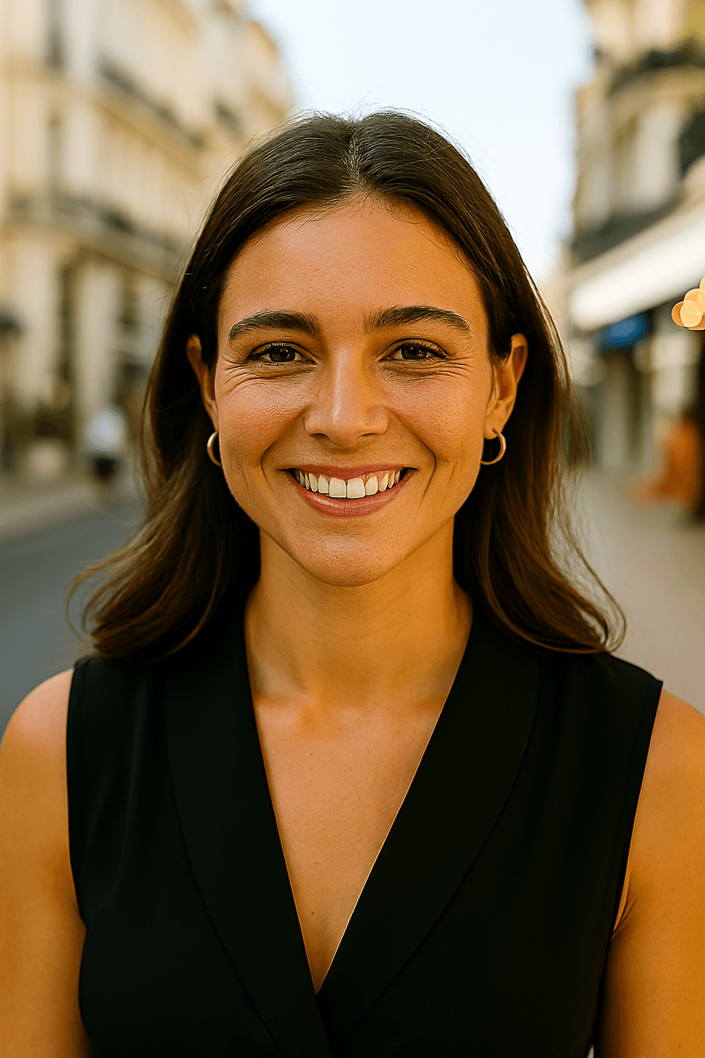 Profil fictif Lea (jeune femme en manteau, en extérieur dans une ville bretonne)