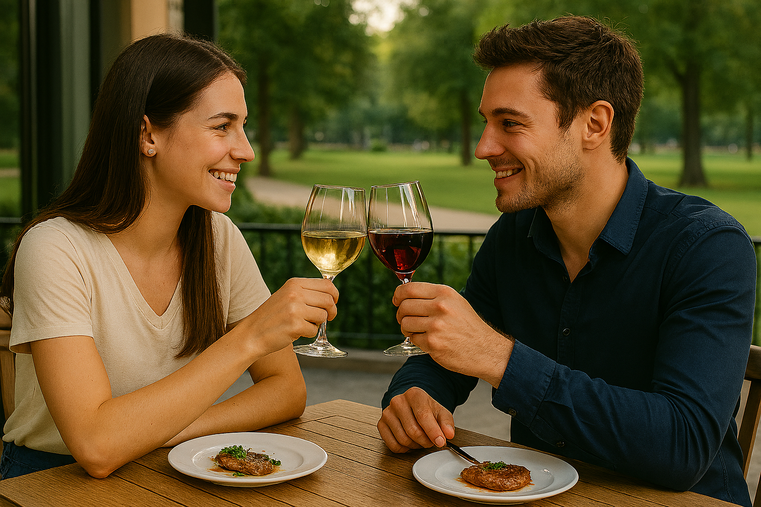 Couple trinquant au restaurant, ambiance chaleureuse
