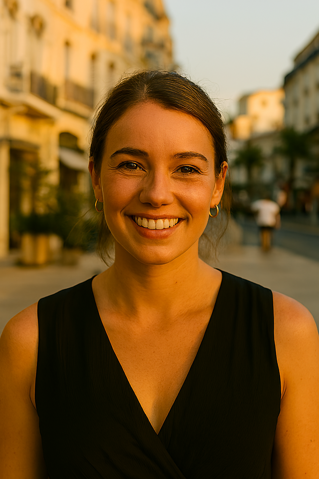 Profil fictif Claire (femme souriante dans une rue pavée de centre-ville)