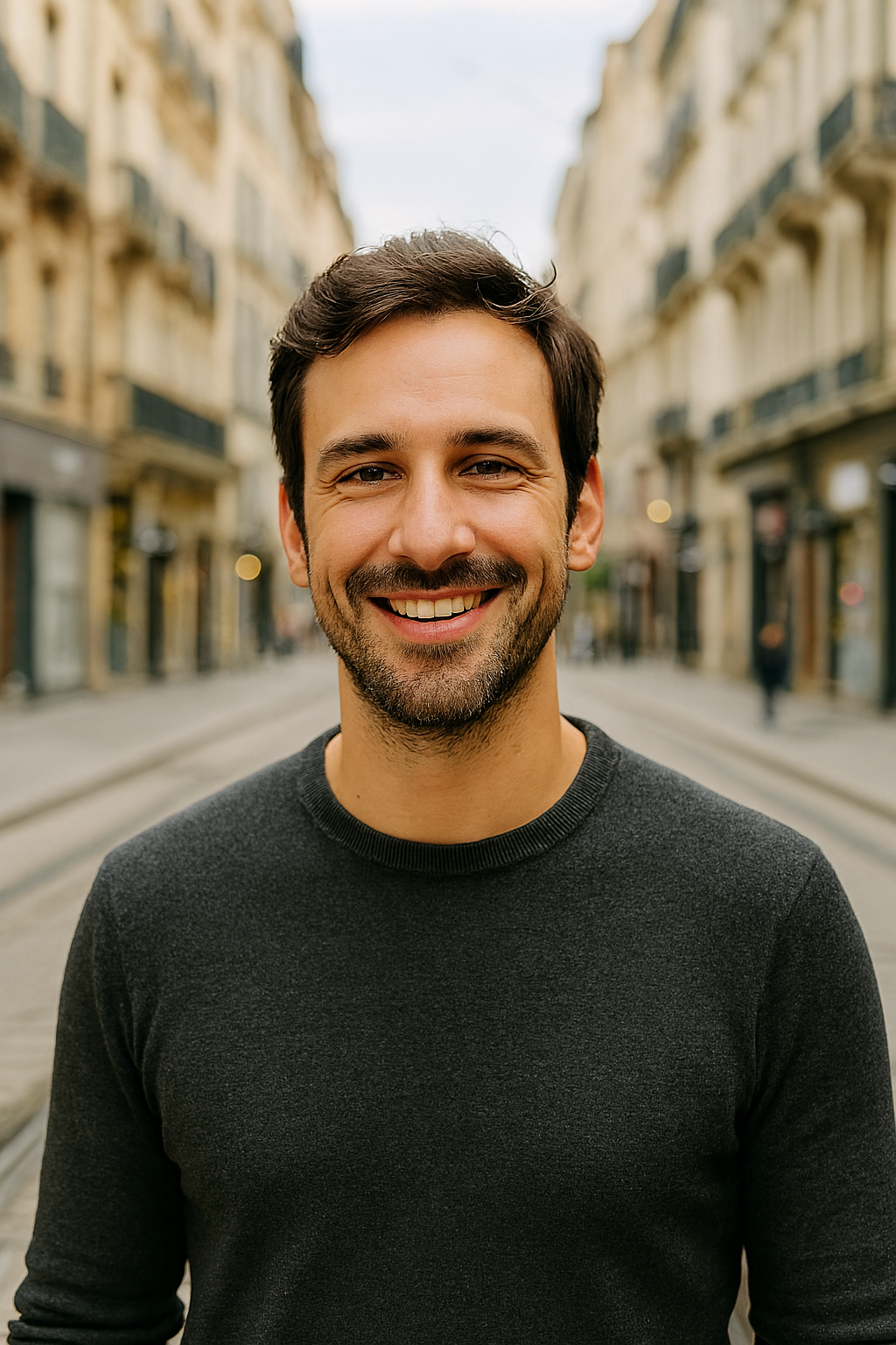 Profil fictif Yvan (homme souriant, ambiance sobre, lumière naturelle)